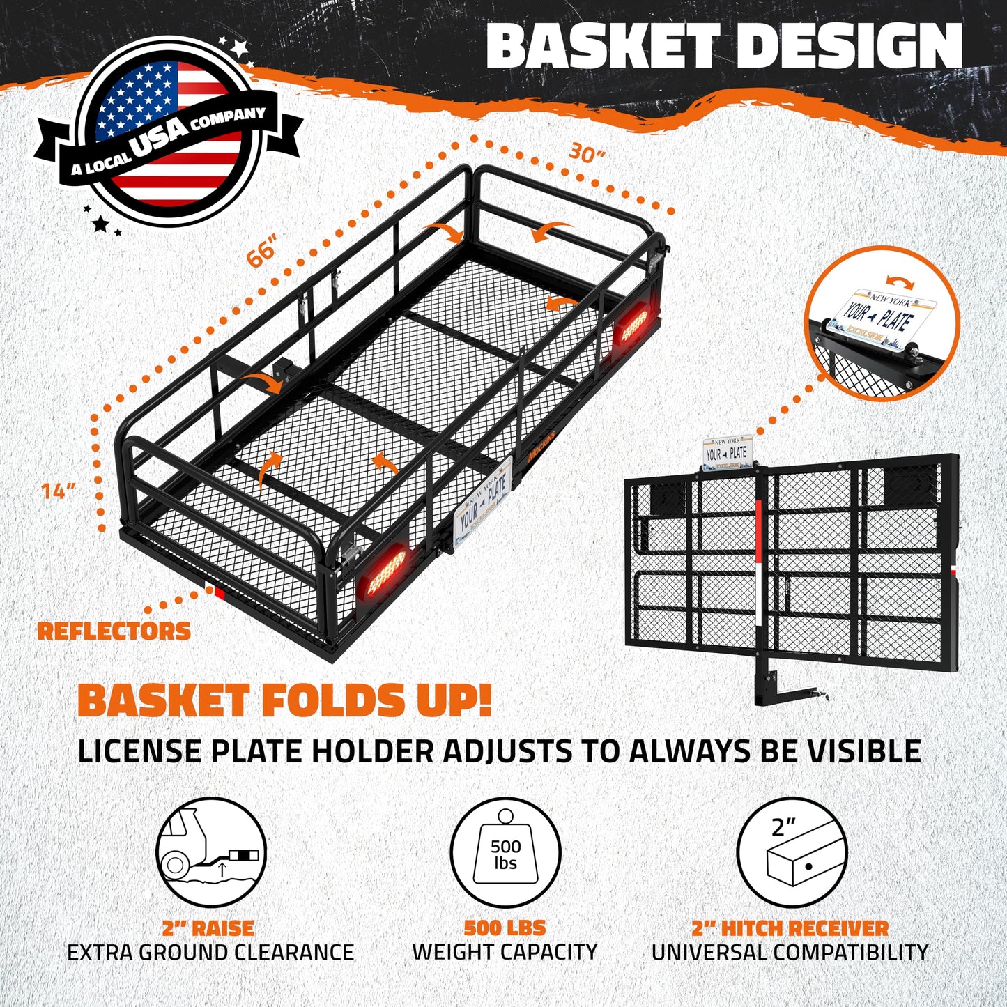 Mockins 66"x30"x14" XL High Rail Trailer Hitch Cargo Carrier w/ 45 CuFt Waterproof Cargo Bag for Hitch Carrier | 500 Lbs Cap Folding Luggage Rack for SUV Car Truck w/Rear Lights, Plate Bracket & More