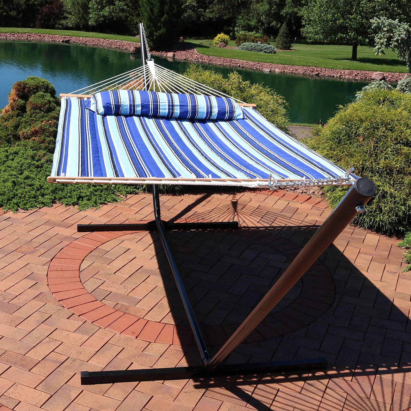 Sunnydaze Quilted Double Hammock with Stand for Outside - 400-Pound Capacity 2-Person Hammock with Stand - 15-Foot Stand - Catalina Beach