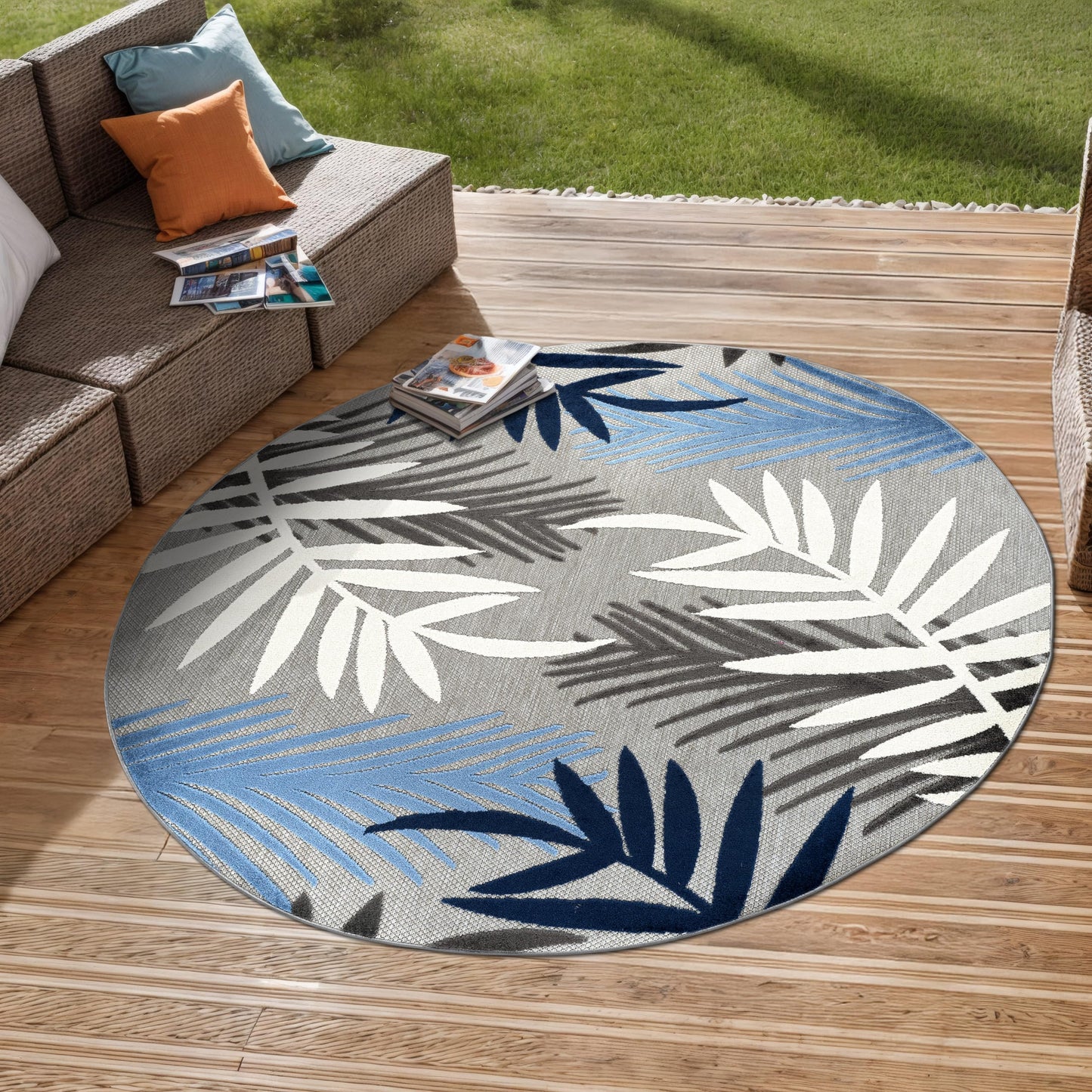 Rugshop Blue Palm Frond Indoor/Outdoor Round Area Rug Easy Cleaning for Patio, Deck and Seating Area, 6' Round