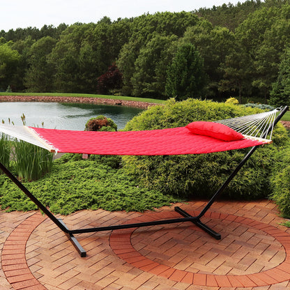 Sunnydaze Double Quilted Polyester Hammock with Detachable Pillow - 440-Pound Capacity - Red