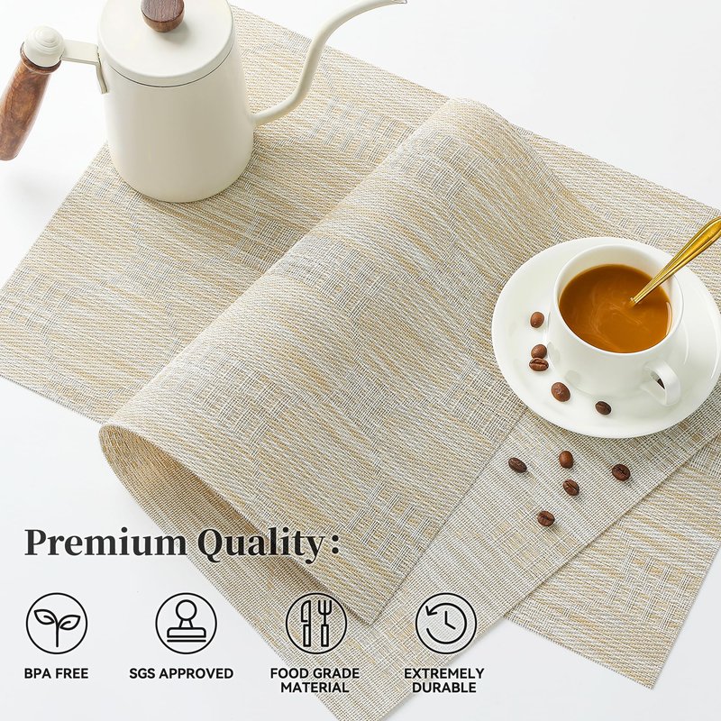 Leetaltree Wheat Placemats Set of 8 - Heat Resistant Non-Slip Place mats for Dining Table, Washable Durable PVC Vinyl Woven Table Mats（Wheat, 8）