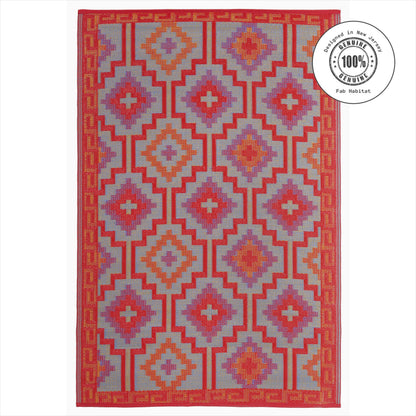 Fab Habitat Outdoor Rug - Waterproof, Fade Resistant, Crease-Free - Premium Recycled Plastic - Vintage Boho Kilim - Large Patio, Deck, Sunroom, Camping, RV - Lhasa - Orange & Violet - 6 x 9 ft