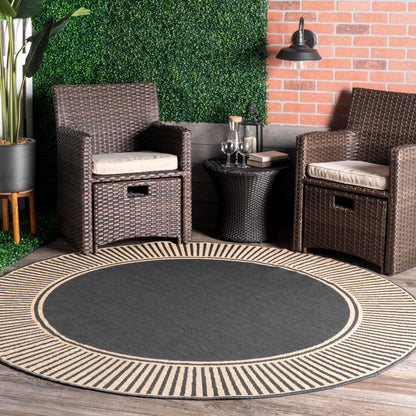 Nuloom Asha Dark Grey/Ivory, 6'7" Round, Casual, Striped Border, Soft and Cozy, High Traffic, Stain Resistant, Easy Clean, Durable Area Rug for Indoor/Outdoor Patio, Deck, Porch, Garden, Courtyard