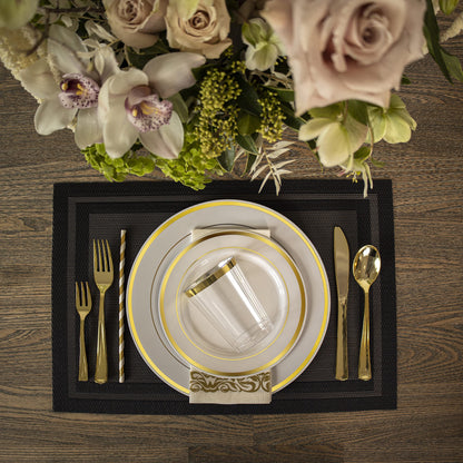 Two Sets of 225 Pcs Gold Rim Disposable Plastic Dinnerware + Plastic Table Cloth Roll | 54 in x 108 Ft Waterproof Table Cover for Wedding, Luxurious Party (Total of 50 Guest)