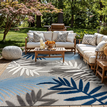 Rugshop Indoor/Outdoor Palm Leaf Area Rug, Non-Shedding Easy-Care Design for Backyard, Deck and Outdoor Lounge, Blue, 7'10" x 10'