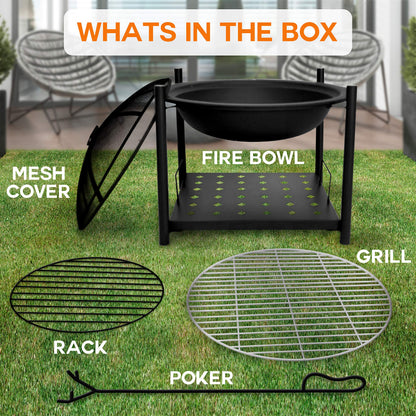 SereneLife Outdoor Wood Fire Pit - 26" Steel BBQ Grill with Mesh Spark Screen, Log Grate, Fire Poker & Cover for Camping, Picnic, Bonfire - Durable, Easy to Assemble, 2 in 1