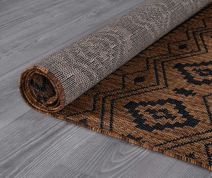 Beverly Rug Waikiki Boho Indoor Outdoor Rug 9x12, Washable Outside Carpet for Patio, Deck, Porch, Bohemian Area Rug, Farmhouse Rugs, Aztec Tribal Rug, Nut Brown and Black