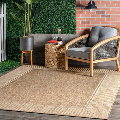 Nuloom Asha Light Brown/Ivory, 6'7" x 9', Casual, Striped Border, Soft and Cozy, High Traffic, Easy Clean, Durable Area Rug for Indoor/Outdoor Patio, Deck, Porch, Garden, Courtyard