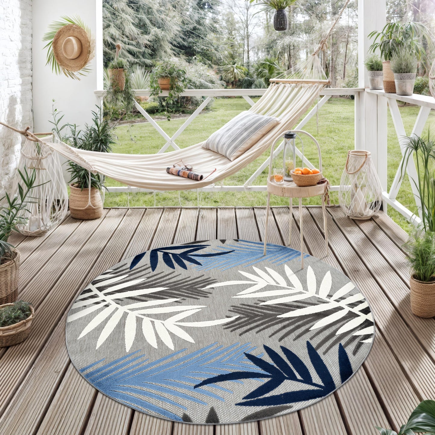 Rugshop Blue Palm Frond Indoor/Outdoor Round Area Rug Easy Cleaning for Patio, Deck and Seating Area, 6' Round