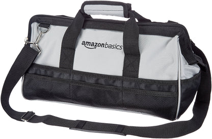 Amazon Basics Durable Wear-Resistant Tool Storage Bag with Adjustable Shoulder Strap,Portable Tool Organizer,16 in,Black & Grey,(Pack of 8)