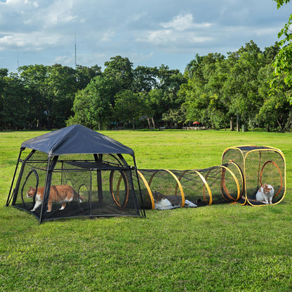 2-Tier Cat Catio with Tunnel, Outdoor Catio Cat Enclosure, Portable Cat Playpen for Indoor Outdoor Use, Breathable Mesh, Foldable Travel Cat Cage for Cats, Kittens