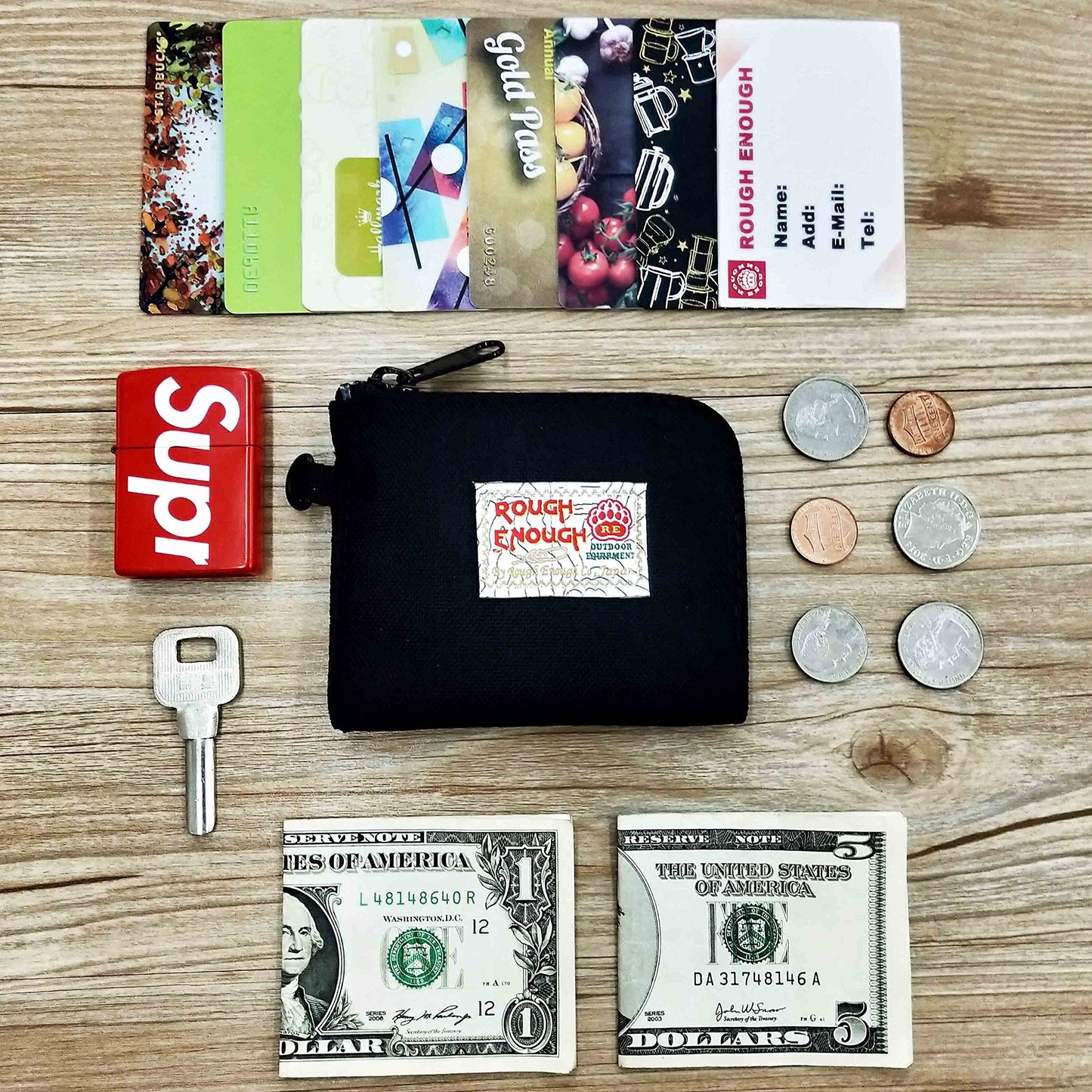 Rough Enough Small Coin Purse Card Wallet Pouch with Zipper Neck Lanyard Keychain for Men Women Teen Boys Black Cordura