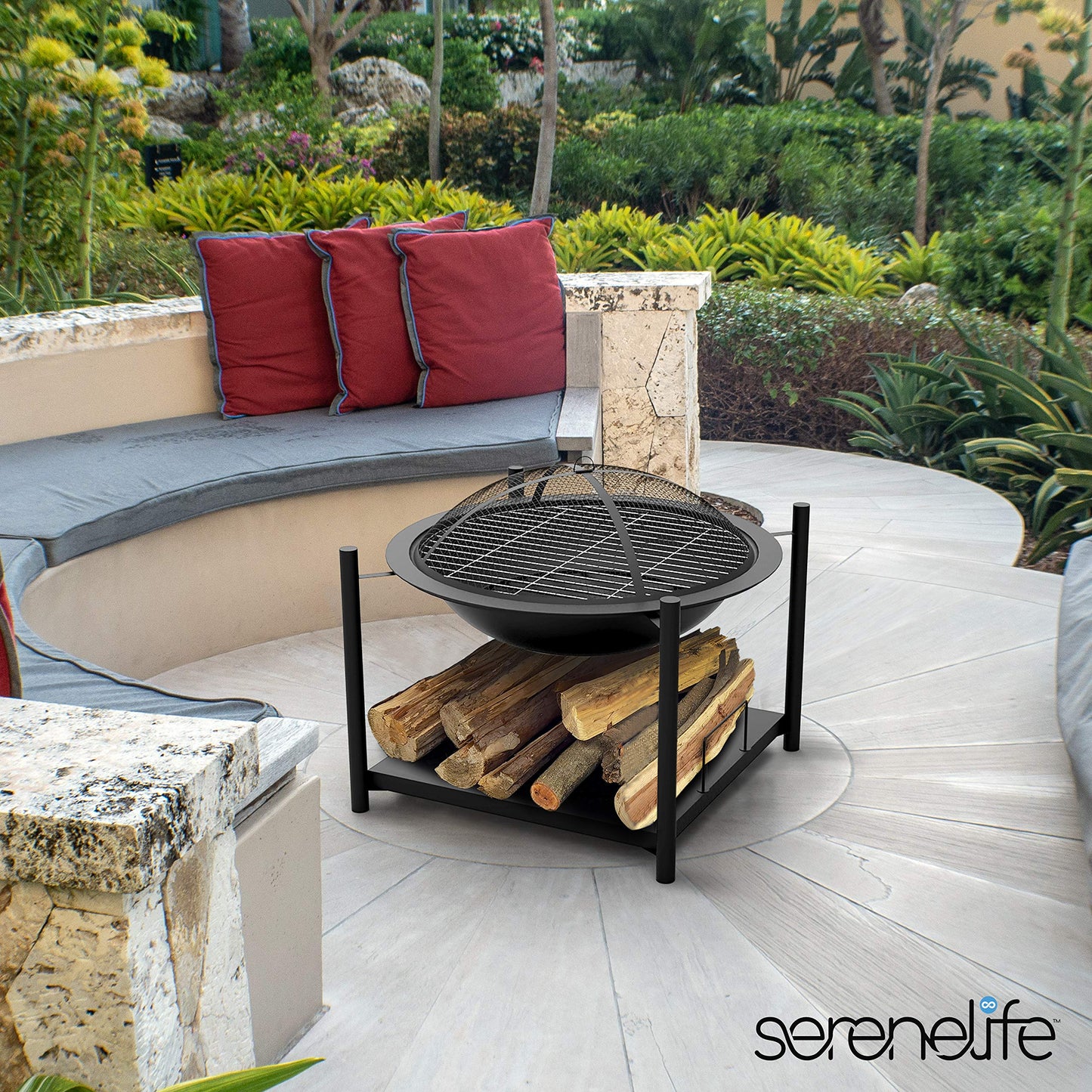 SereneLife Portable Outdoor 2-in-1 Steel BBQ Grill 26" Wood Burning Fire Pit Bowl w/ Mesh Spark Screen, Cover Log Grate, Fire Poker for Camping, Picnic, Bonfire SLCARFP54.5