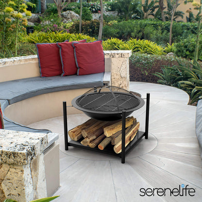 SereneLife Portable Outdoor 2-in-1 Steel BBQ Grill 26" Wood Burning Fire Pit Bowl w/ Mesh Spark Screen, Cover Log Grate, Fire Poker for Camping, Picnic, Bonfire SLCARFP54.5
