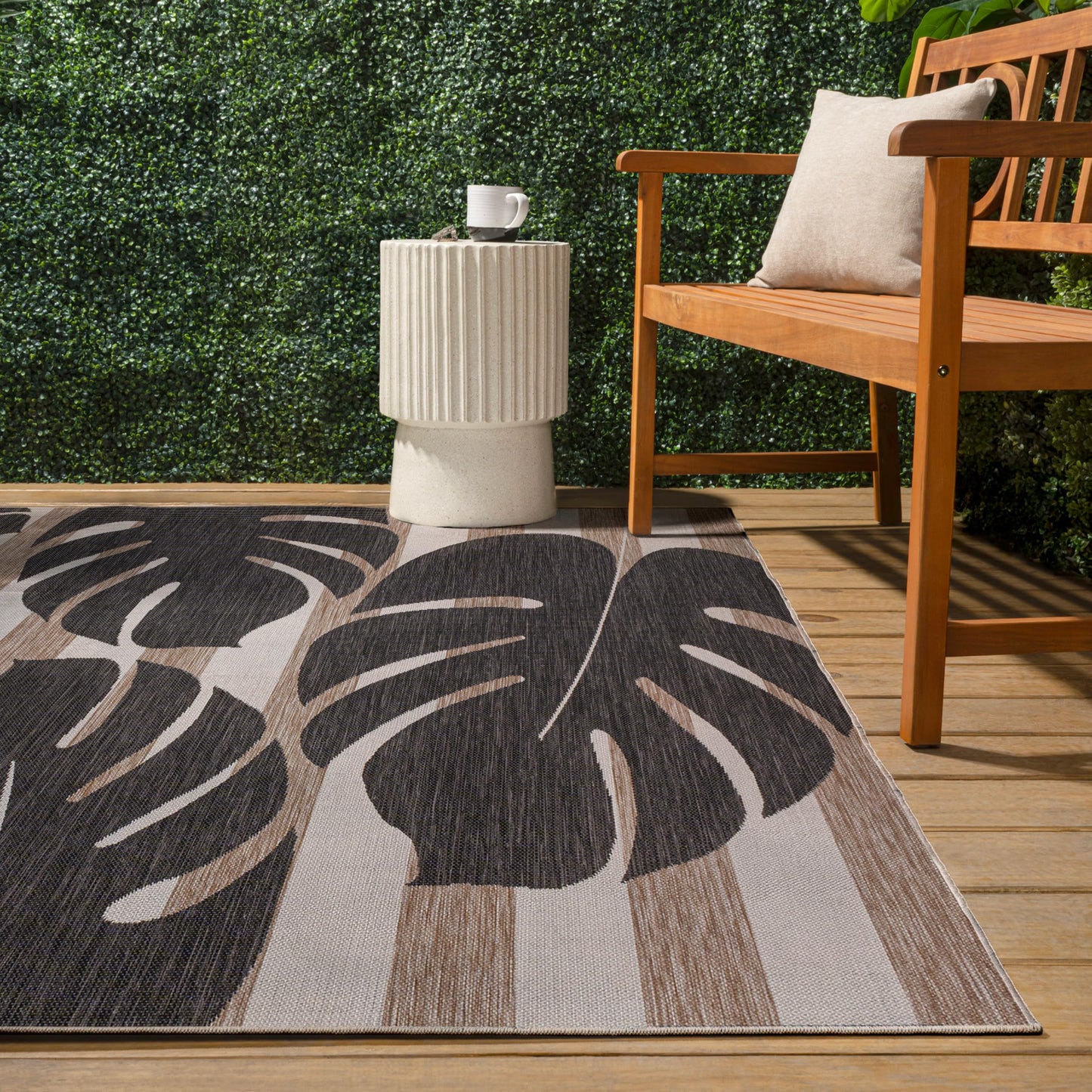 JONATHAN Y Beach Stripe and Monstera Leaf Indoor Outdoor Area Rug 8X10 Black/Beige, Allison Classic for Backyard, Patio, Porch, Easy-Cleaning, High Traffic, Pet-Friendly, Non-Shedding (TSN400A-8)