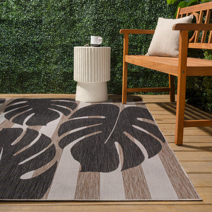 JONATHAN Y Beach Stripe and Monstera Leaf Indoor Outdoor Area Rug 8X10 Black/Beige, Allison Classic for Backyard, Patio, Porch, Easy-Cleaning, High Traffic, Pet-Friendly, Non-Shedding (TSN400A-8)