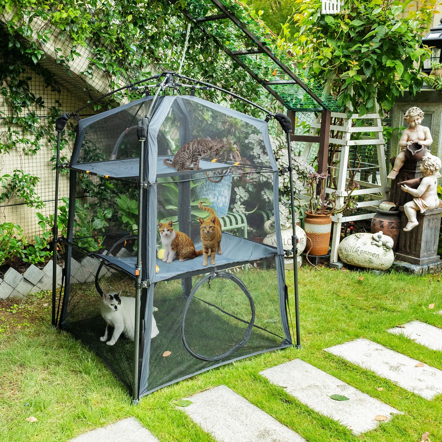 Itent Catabolism Enclosure Kitten and Catam.callback 3 Tier Cat Tower Tent - Indoor and Outdoor Catio, Portable and Foldable, 2 Doors Design; Cat Play Tunnel + Cube(Hold Way Units)