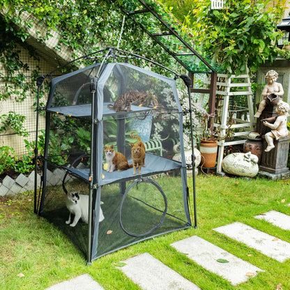 Automatic Pop-Up Cat Enclosure|3-Tier Cat Tent|Cage|Outdoor Catio with Patent,Breathable Portable & Foldable, Stable Structure for Indoor/Outdoor, Free Teaser Wand,Friendly Connectable playpen-Black