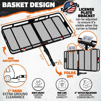Mockins 60"x24"x6" Heavy Duty Trailer Hitch Cargo Carrier & 25 CuFt Waterproof Cargo Bag for Hitch Carrier | 500 Lbs. Capacity Folding Luggage Rack for SUV Car Truck with Plate Bracket & Accessories