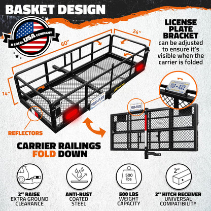 Mockins 60"x24"x14" High Rail Car Trailer Hitch Cargo Carrier w/Rear Lights, Plate Bracket & 30 CuFt Waterproof Hitch Cargo Bag | 500 Lbs. Cap Weatherproof Folding Luggage Rack for SUV Car Truck & RV