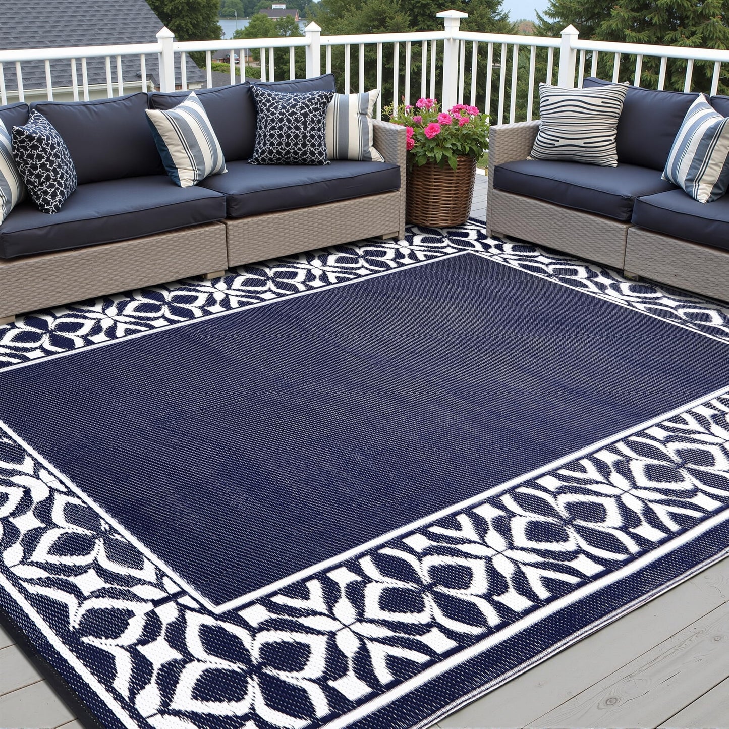 PureCozy Outdoor Plastic Straw Rug Navy Blue Large Outside Waterproof Outdoor Patio 10x14 Carpet Geometric Reversible Mat Modern for Camping RV Porch Deck Balcony Beach