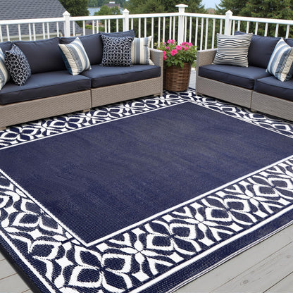 PureCozy Outdoor Plastic Straw Rug Navy Blue Large Outside Waterproof Outdoor Patio 10x14 Carpet Geometric Reversible Mat Modern for Camping RV Porch Deck Balcony Beach
