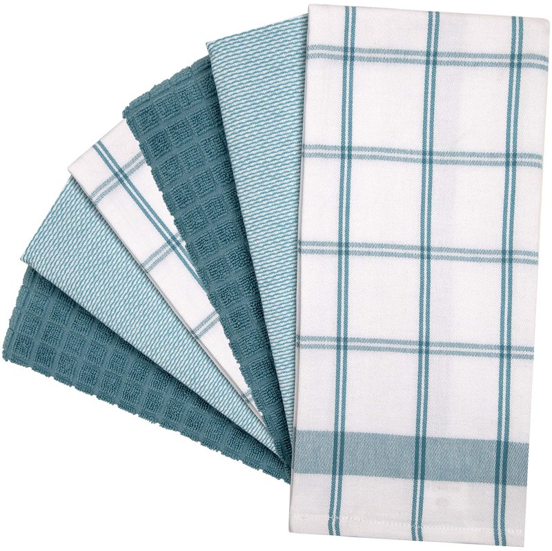Premium Kitchen Towels (20”x 28”, 6 Pack) | Large Cotton Dish Towels | Flat & Terry Highly Absorbent Kitchen Linen Set with Hanging Loop | Teal Check