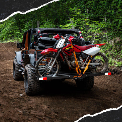 Mockins 500 lbs Capacity Anti-Tilt Motorcycle Hitch Carrier w/Loading Ramp | 73" Heavy Duty Steel Fat Tire eBike Rack & Dirt Bike Rack for Car Hitch 2" Receivers | Weatherproof Motorcycle Carrier Set