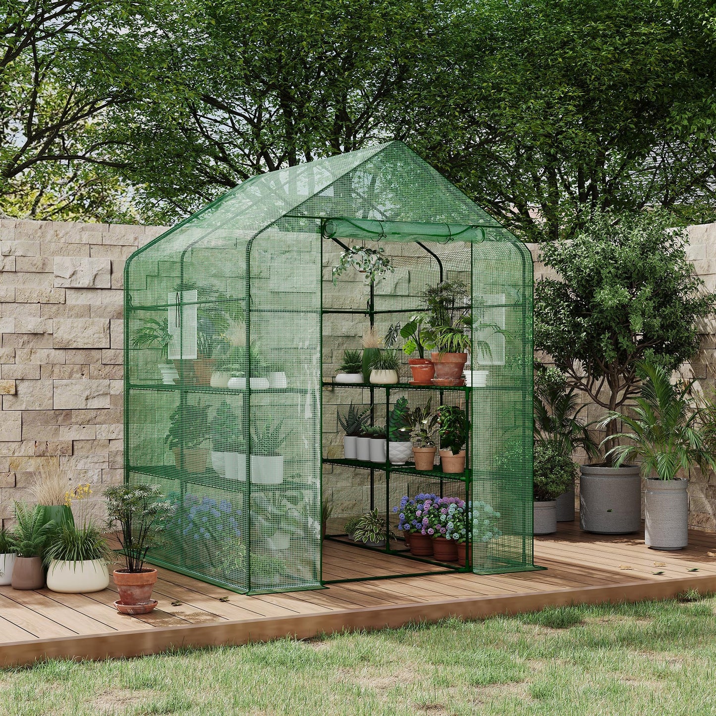 IDEALHOUSE Greenhouse, 57 x 57 x 77'' Greenhouses for Outdoors, Small Plant Green House, 3 Tiers 12 Shelves, Durable PE Cover, Plastic Portable Walk in Greenhouses for Outside Indoor