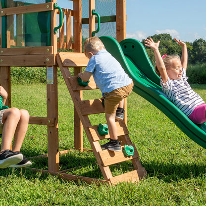 Backyard Discovery Buckley Hill Cedar Wood Swing Set with Wave Slide, Play Deck, Rock Wall Ladder, Belt Swings, Chalkboard, Canopy Roof, Outdoor Playset