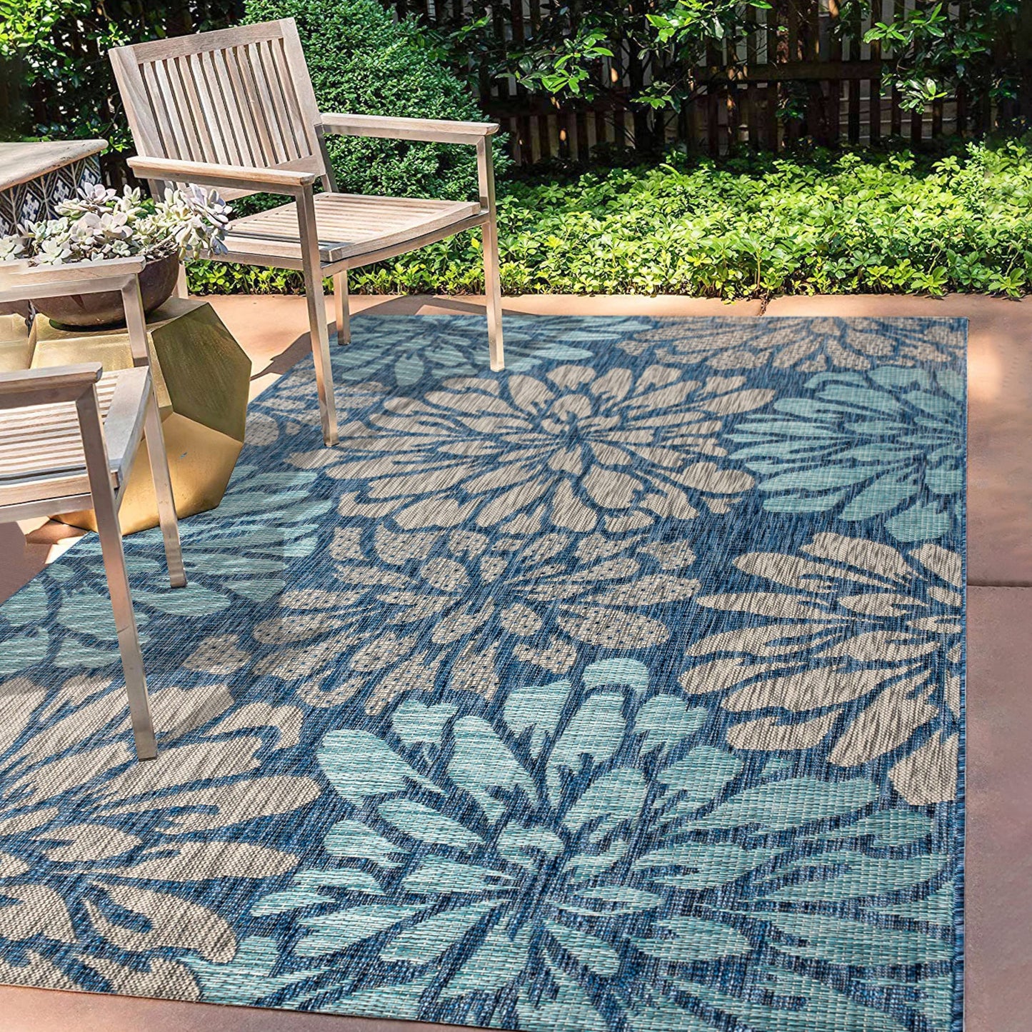 JONATHAN Y Floral Textured Weave Indoor Outdoor Area Rug 8X10 Navy/Aqua, Zinnia Modern for Backyard, Patio, Porch, Easy-Cleaning, High Traffic, Pet-Friendly, Non-Shedding (SMB110C-8)
