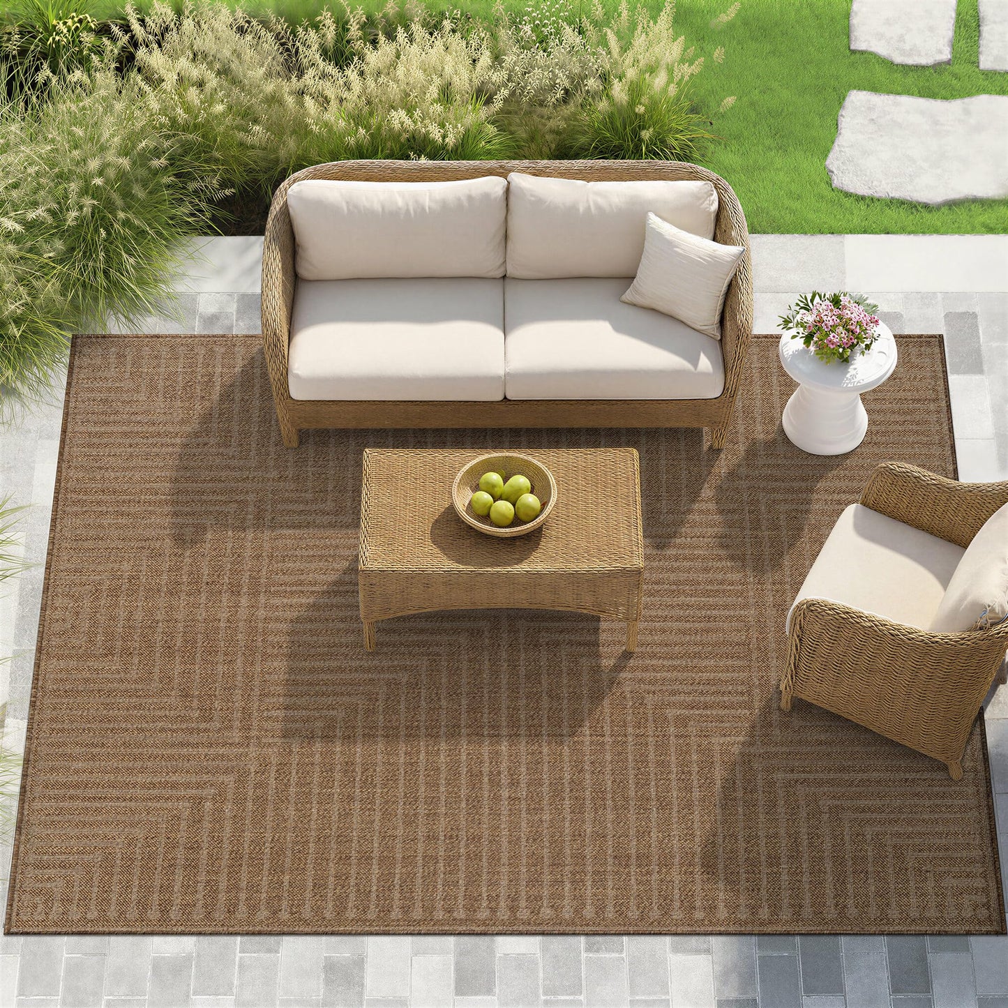 Rugshop Geometric Lines Indoor Outdoor Flat Woven Area Rug,Natural Jute-Style,Easy-Care Patio Rug for Backyard Porch Deck Balcony, 7'10" x 10' Sand/Natural