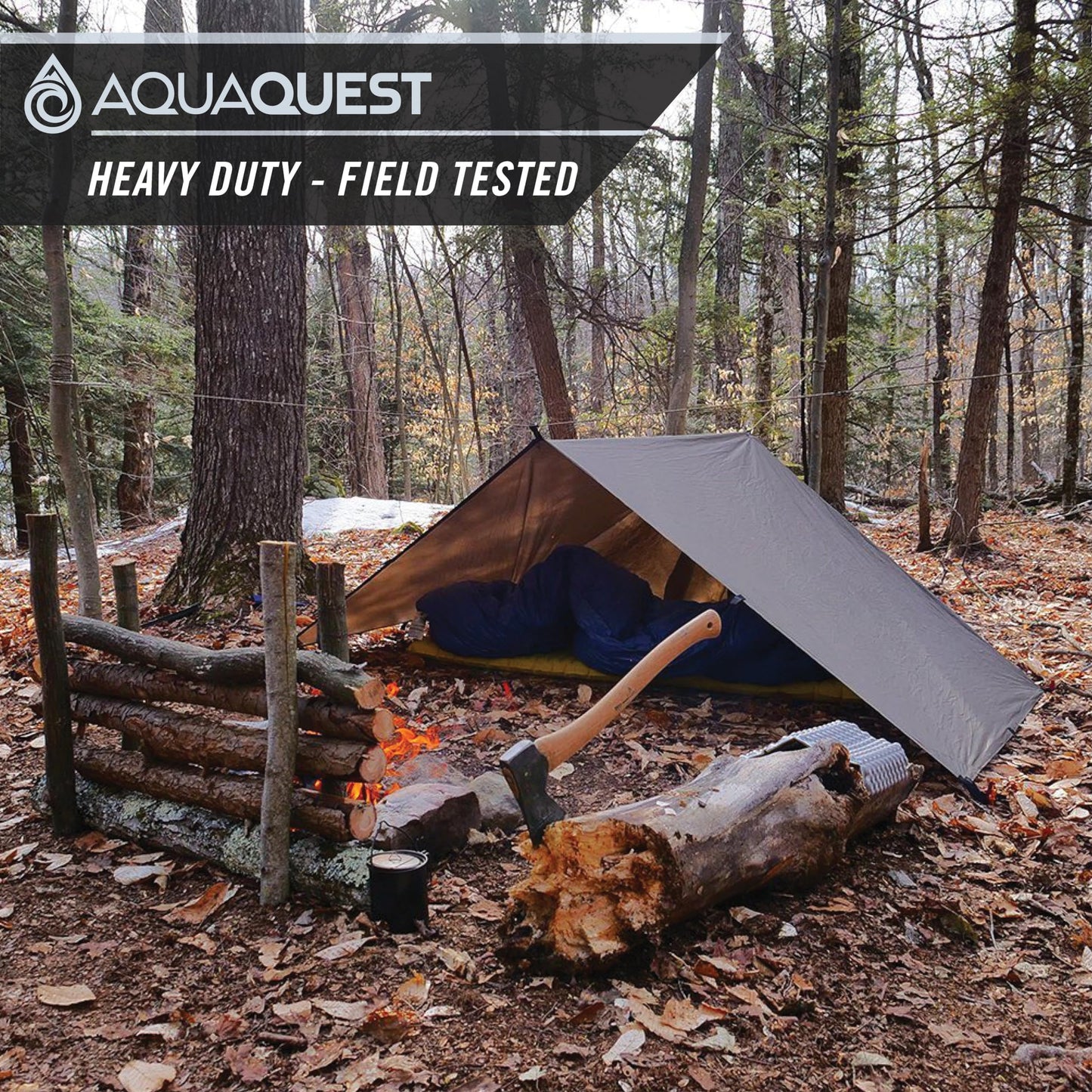 AquaQuest Defender Tarp – Heavy‑Duty Waterproof (20,000 mm) Seam‑Taped Rain Fly for Camping, Bushcraft & Survival – 10×10 Olive Drab Kit