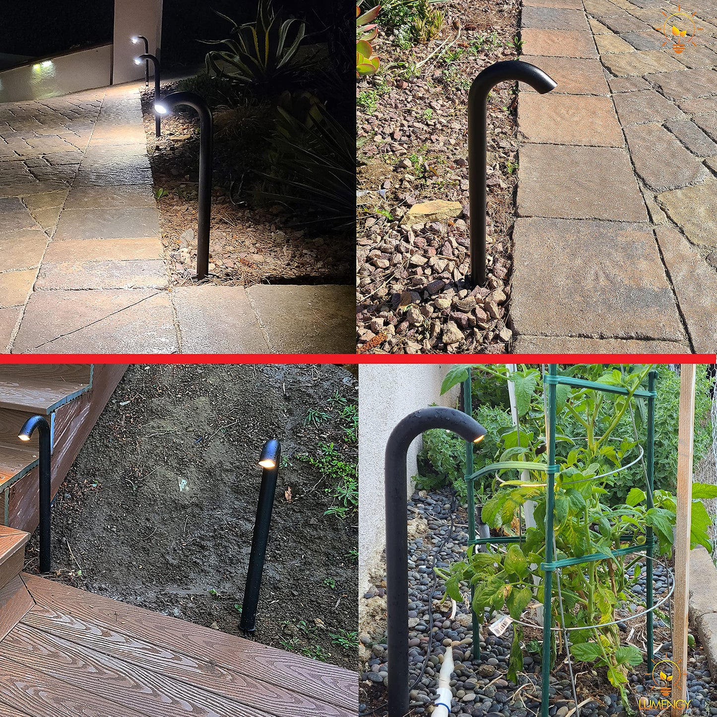 LUMENGY 3W LED Landscape Bollard Path Light, Modern Curved Design, 12V Low Voltage, IP67 Waterproof, for Pathways, Driveways and Walkways, Black Finish, 4 Pack