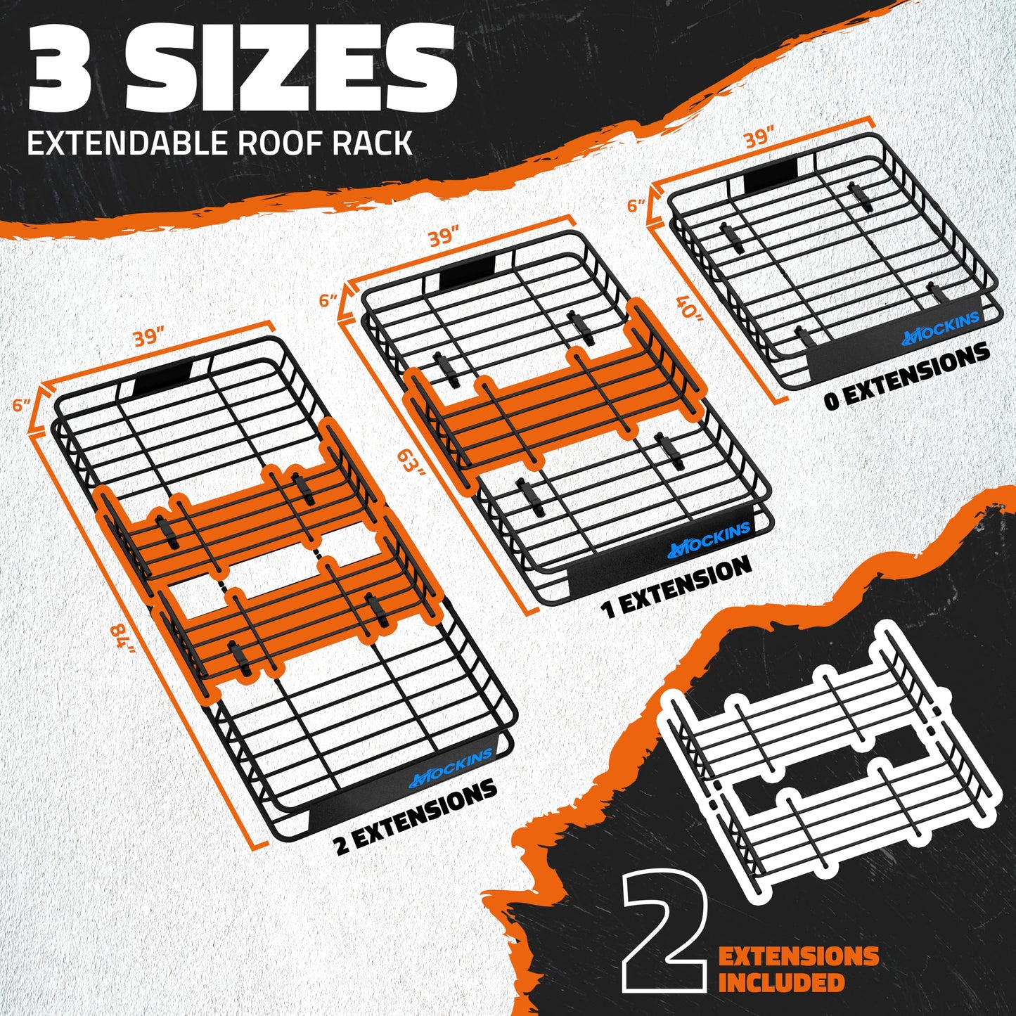 Mockins 84"x39"x6" XL Extendable Roof Rack Cargo Carrier & 35 CuFt Waterproof Cargo Bag for Top of Car | 3 Length Sizes: 40", 63", 84" Luggage Rack for SUV Car & Truck with Roof Basket Accessories