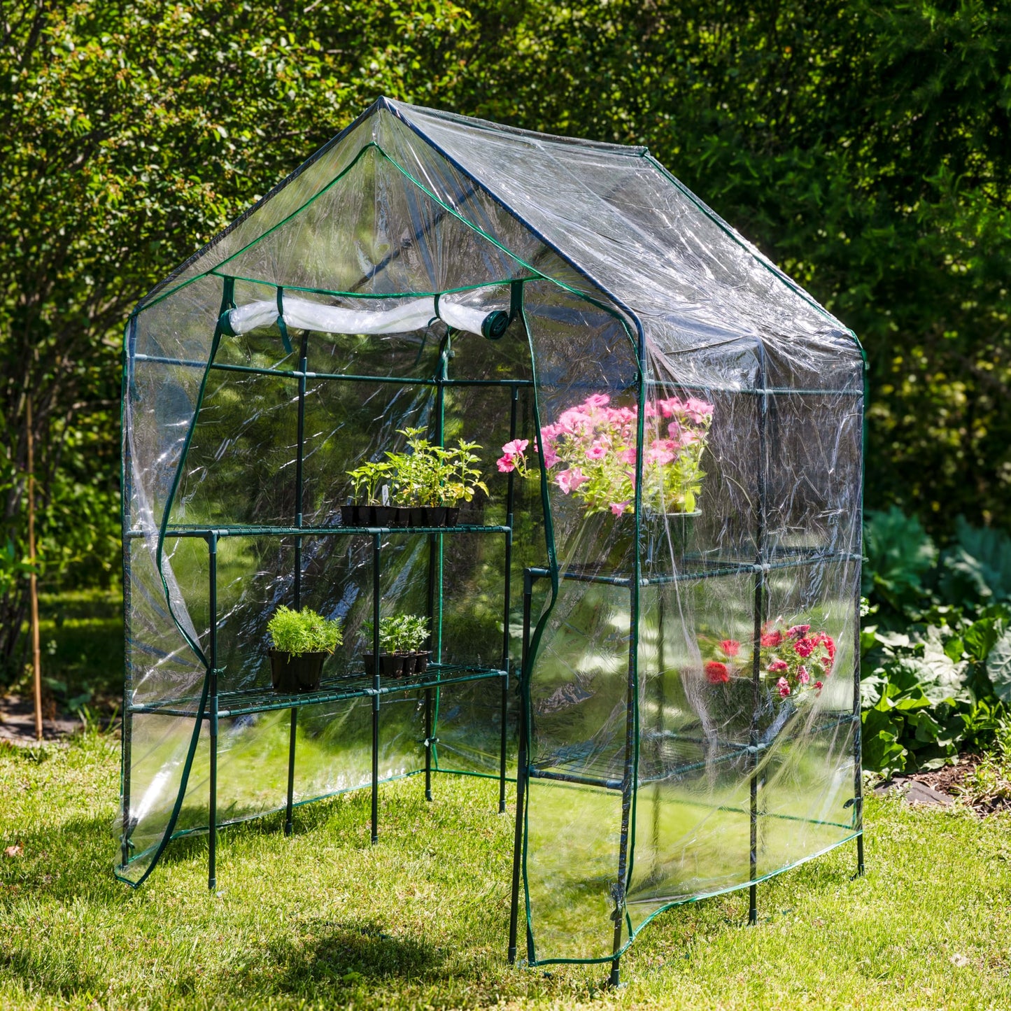 Sunnydaze Portable Outdoor Grandeur Walk-in Greenhouse with 4 Steel Wire Shelves and Roll-Up Door - Clear