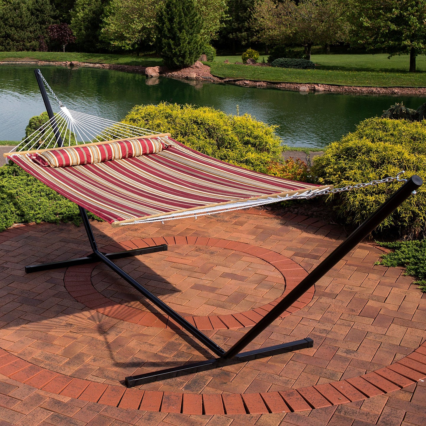 Sunnydaze Quilted Double Hammock with Stand for Outside - 400-Pound Capacity 2-Person Hammock with Stand - 15-Foot Stand - Red Stripe