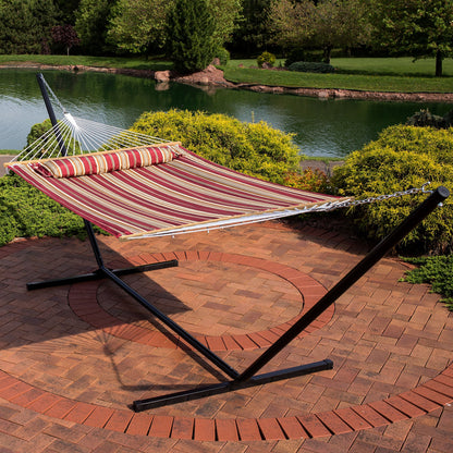 Sunnydaze Quilted Double Hammock with Stand for Outside - 400-Pound Capacity 2-Person Hammock with Stand - 15-Foot Stand - Red Stripe