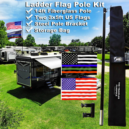 The Traveler Two Flag RV Ladder Flag Pole Kit. Includes Two Beautiful 3’x5’ Flags, Steel RV Flag pole Mount, Fits Standard 1” RV Ladders,14ft Fiberglass Retractable Pole, And A Storage Bag.