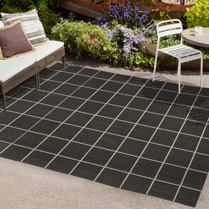 JONATHAN Y Grid Squares Indoor Outdoor Area Rug 8X10 Black/Cream, Modern for Backyard, Patio, Porch, Easy-Cleaning, High Traffic, Pet-Friendly, Non-Shedding (SMB200B-8)