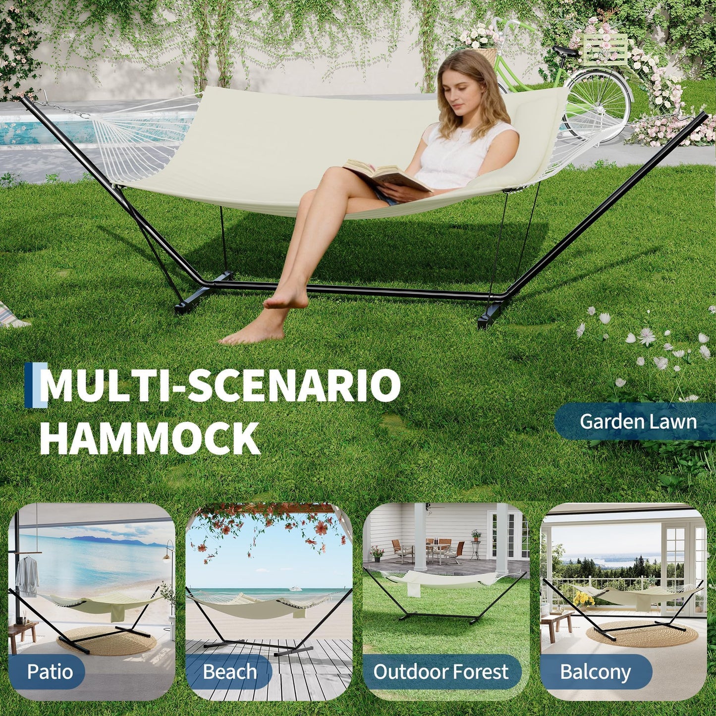 GarveeLife 2 Person Double Hammock with Stand and Pillow - 450 Lbs Capacity Heavy Duty Hammock with Balance Rope, Large Outdoor Hammock for Patio Backyard Poolside
