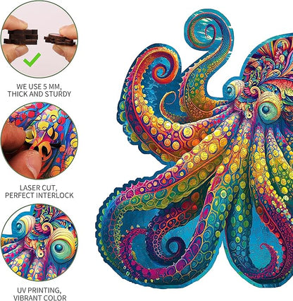 Mys Aurora Unique Wooden Jigsaw Puzzles - Agate Octopus 300 Pcs Medium Size 12.6'' x 12.2'' Luxurious Animal Shaped Wood Puzzle Beautiful Package Best Gift for Adults
