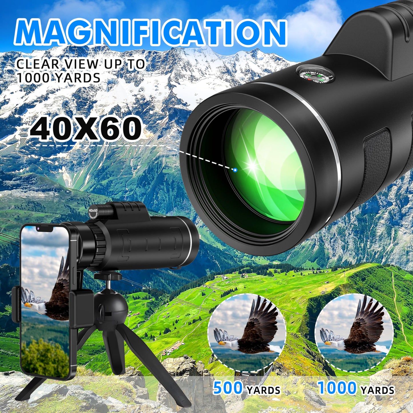 40x60 Monocular Telescope for Adults, Compact HD Monocular for Sports Events, Soccer Games, Concerts, Birdwatching, Hiking, Camping and Travel