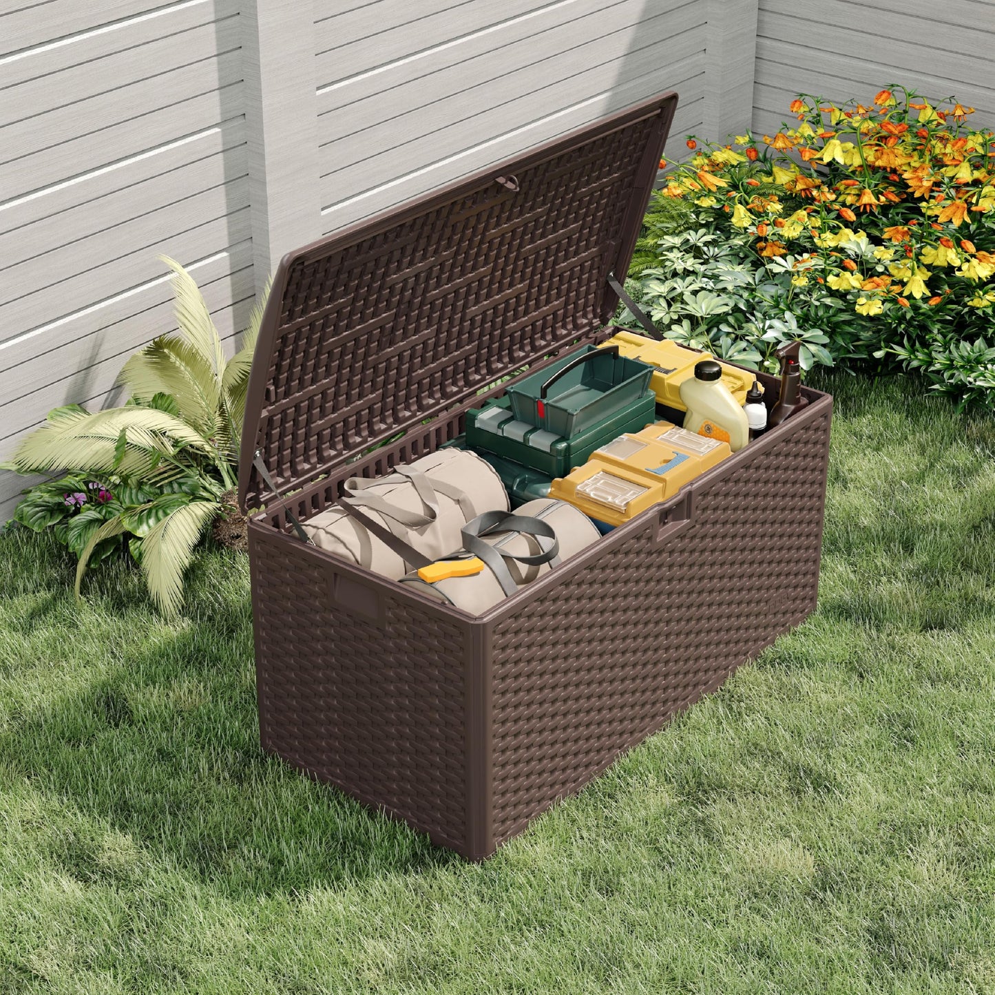 99 Gallon Waterproof Large Resin Deck Box Indoor Outdoor, Lockable Storage Container for Patio Furniture Cushions, Throw Pillows, Garden Tools, and Pool Floats, Brown