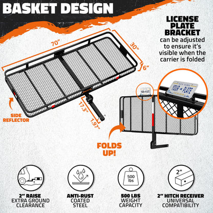 Mockins Folding Luggage Rack for SUV Car Truck ATV & More | 500 lb. Capacity XXL Steel Trailer Hitch Cargo Carrier 70"x30"x6" with Cargo Hitch Carrier Rack Accessories