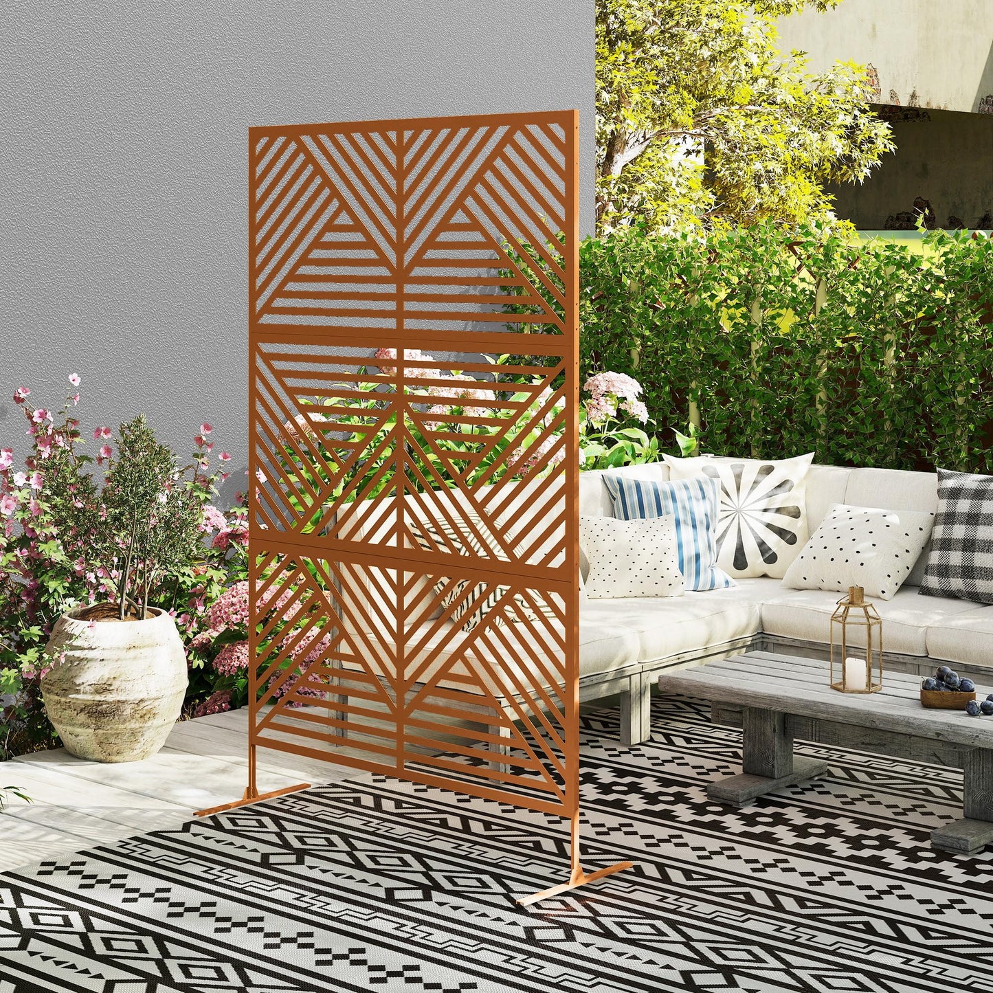 Outsunny Metal Outdoor Privacy Screen, 78" H x 48" W Decorative Privacy Fence Screen, Freestanding Outdoor Divider with Stand, Climbing Plant Trellis for Garden Walkway, Balcony, Patio, Rhombus Brown