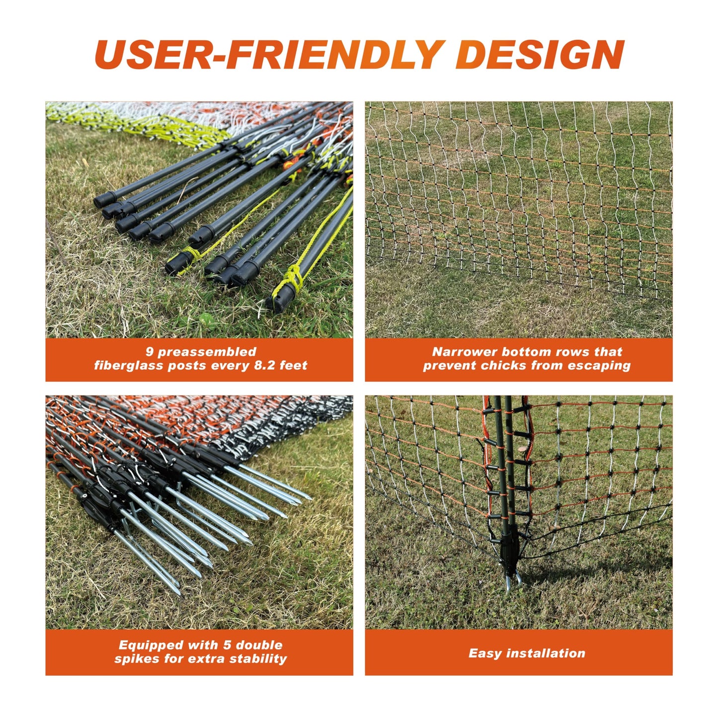 Poultry Electric Netting Fence - 47.3''H (can be Manually Raised to 59.1''H) x 65.6'L for Flying Chicken, Sheep, Goats in Farms, Ranches and Gardens, PK2