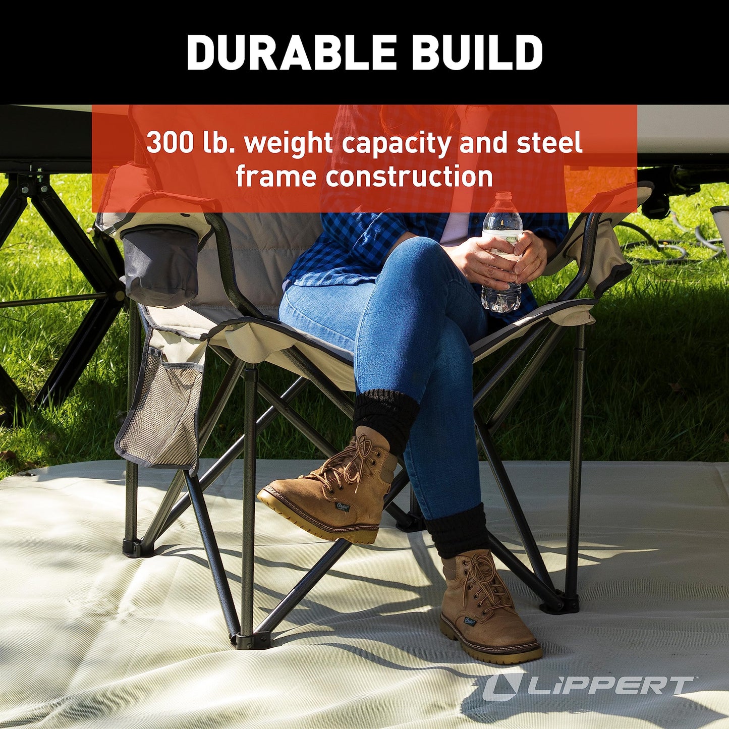 Lippert Campfire Deluxe Folding Chair - Sand, High-Loft, Foldable Cushion Chair, Dual Cup Holders, Power Coated Steel Frame, Durable 600D Outdoor Polyester Fabric, 500 lb. Capacity, 2022114819