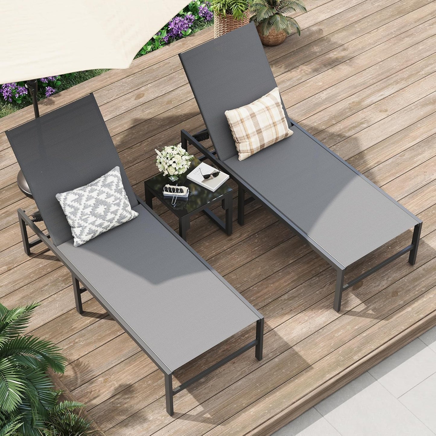 Amopatio 3-Piece Patio Lounge Chair Set - Adjustable Outdoor Chaise with Side Table | Weather-Resistant Gray, 400 LBS Capacity