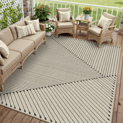HUGEAR 8'x10' Outdoor Rug Black Geometric Waterproof Patio Rugs Linen-Look Modern Area Rug Outside Floor Mat for Camping RV Deck Porch Balcony Backyard Beach Picnic Carpet Decor